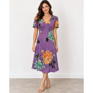Vintage Kenzo Jeans Purple Silk Floral Midi Dress 90s Japanese Designer Small